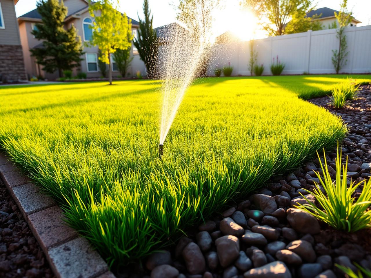 Freshly installed sod lawn with sprinkler running in a Colorado backyard