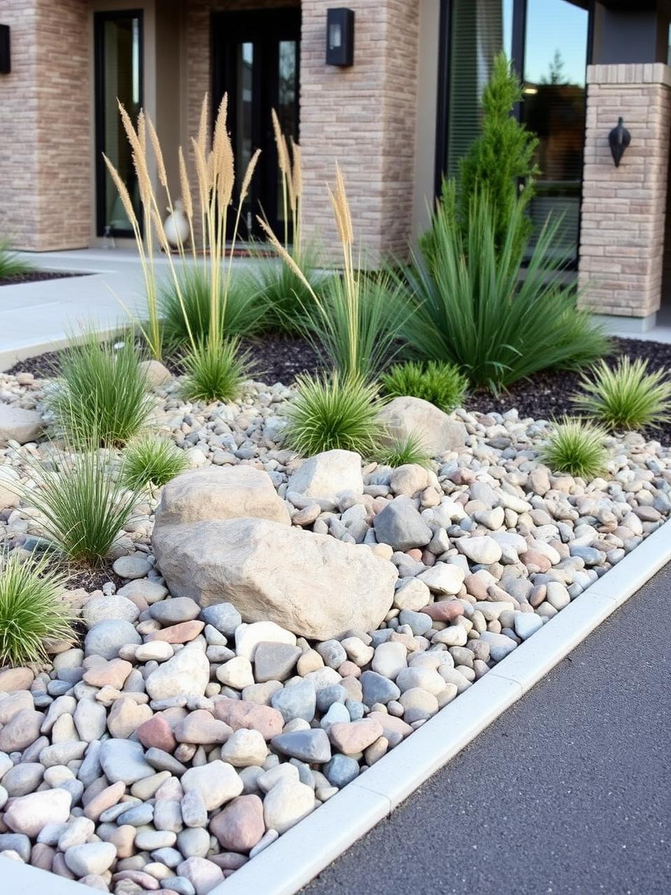 Decorative river rock bed with ornamental grasses and boulders along a front walkway